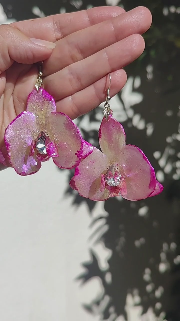Real Orchid Earrings. Preserved Flower Resin Jewelry. Iridescent Pearl Pink Botanical Earrings. Stainless Steel Hooks