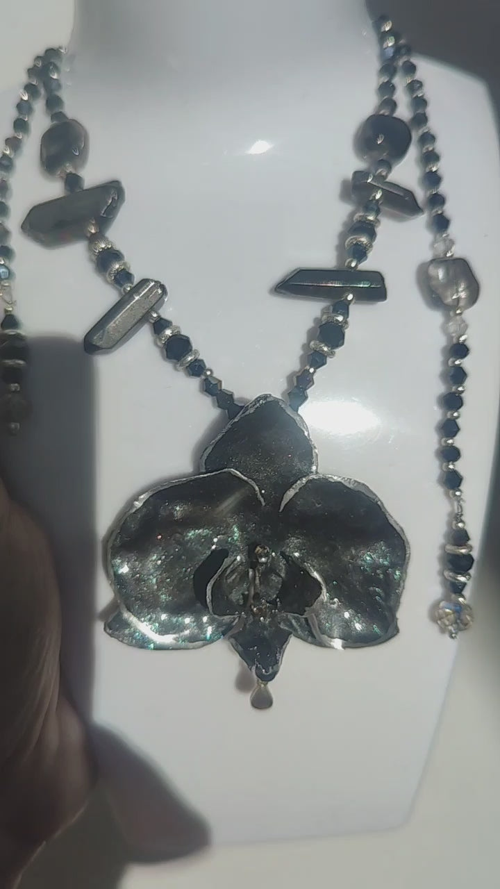 Handmade Black Orchid Necklace with Iridescent Blue Sparkle, Genuine Mineral Stone & Silver Tones – Adjustable Back/Front Drop Statement Jew