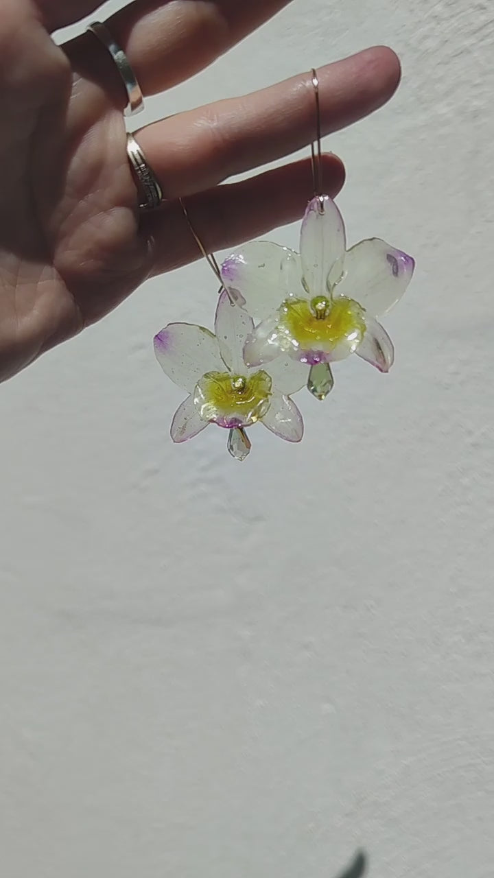 Pendientes orquídea dendrobium semitransparente lila y amarilla. Flores naturales. Pendientes orquídea real