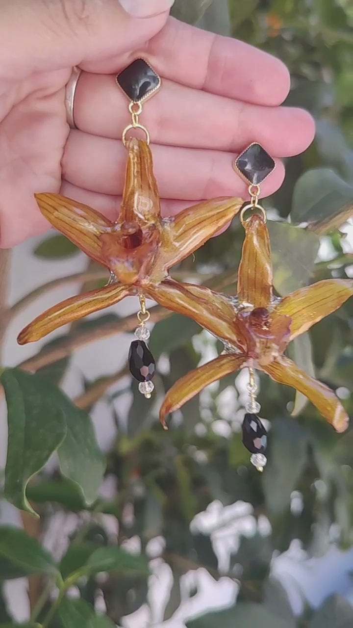 Pendientes de Orquídea Cymbidium Real Resinada Amarillo Dorado | Flores Naturales Preservadas | Acero Inoxidable y Cristal Negro Facetado | Joyería Botánica Elegante