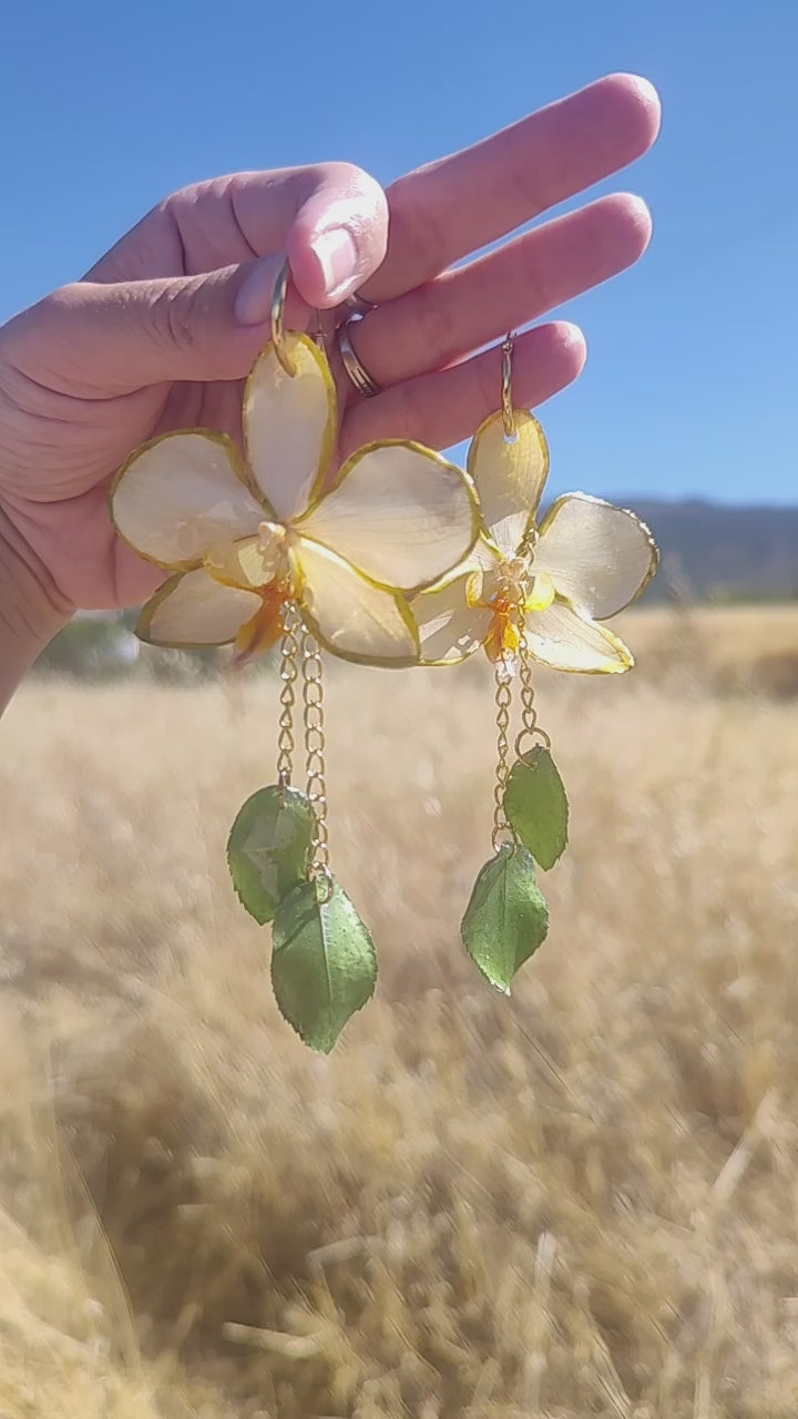 Pendientes artesanos con orquídeas amarillas y hojas auténticas resinadas. Joyería botanica para ella. Regalo original
