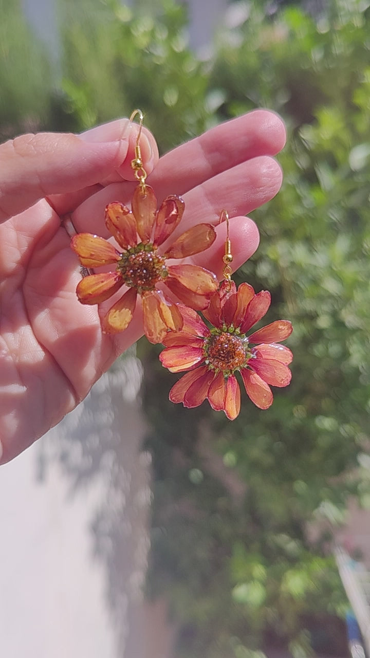 Pendientes de margaritas naranjas naturales en resina. Joyas florales artesanales. Acero inoxidable hipoalergénico