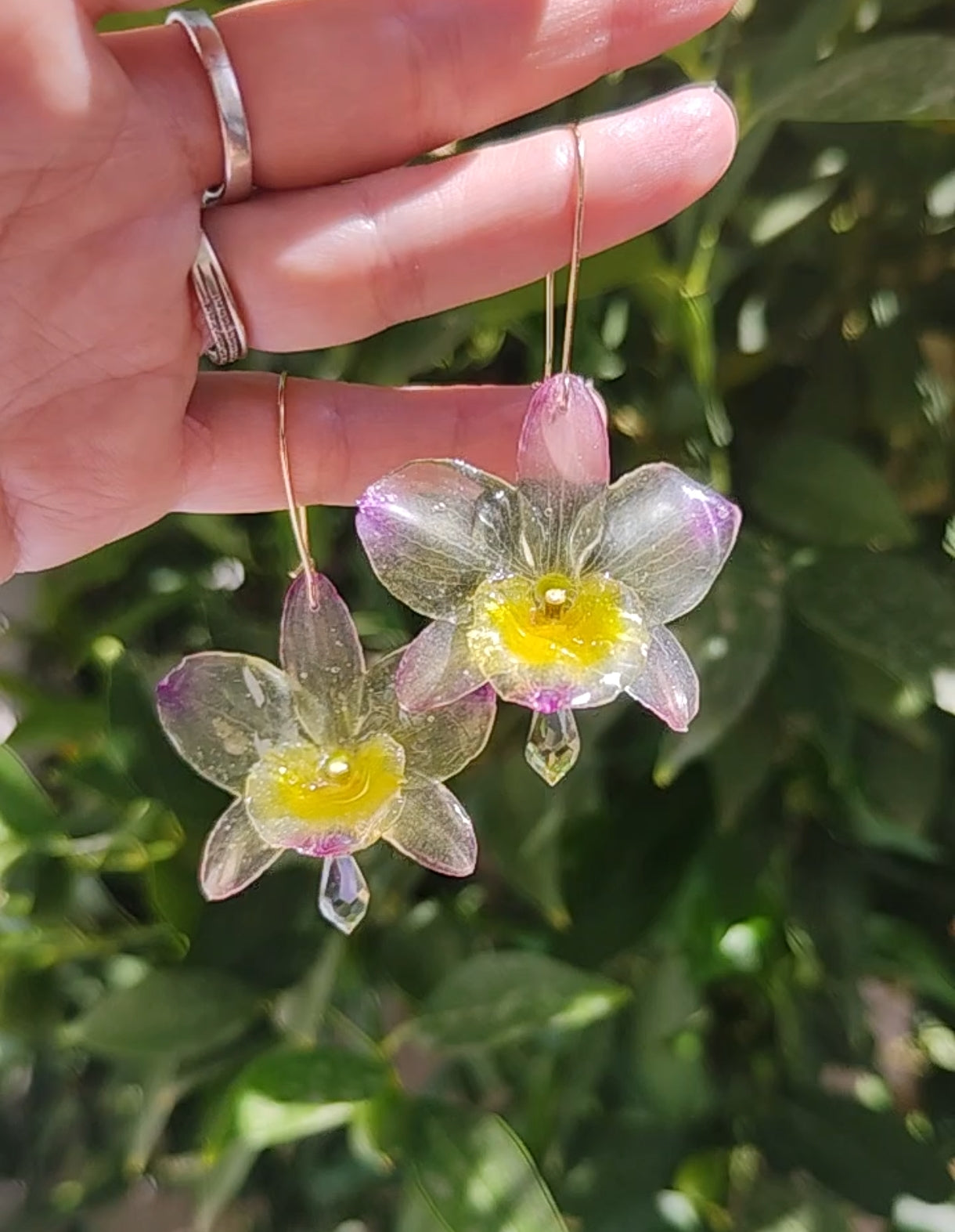 Pendientes orquídea dendrobium semitransparente lila y amarilla. Flores naturales. Pendientes orquídea real
