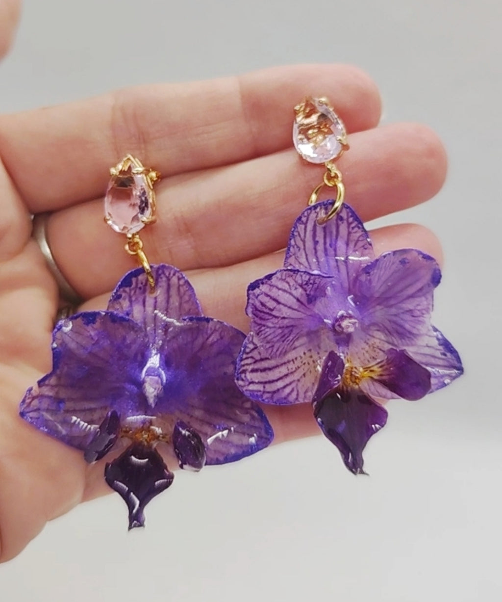 Pendientes de orquídea auténtica, joyería de resina hecha a mano, pendientes florales colgantes para mujer, regalo botánico