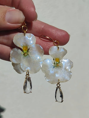 Pendientes de Pensamientos Naturales en Resina – Joyería Floral Hecha a Mano con Brillo Nácar Azul Iridiscente