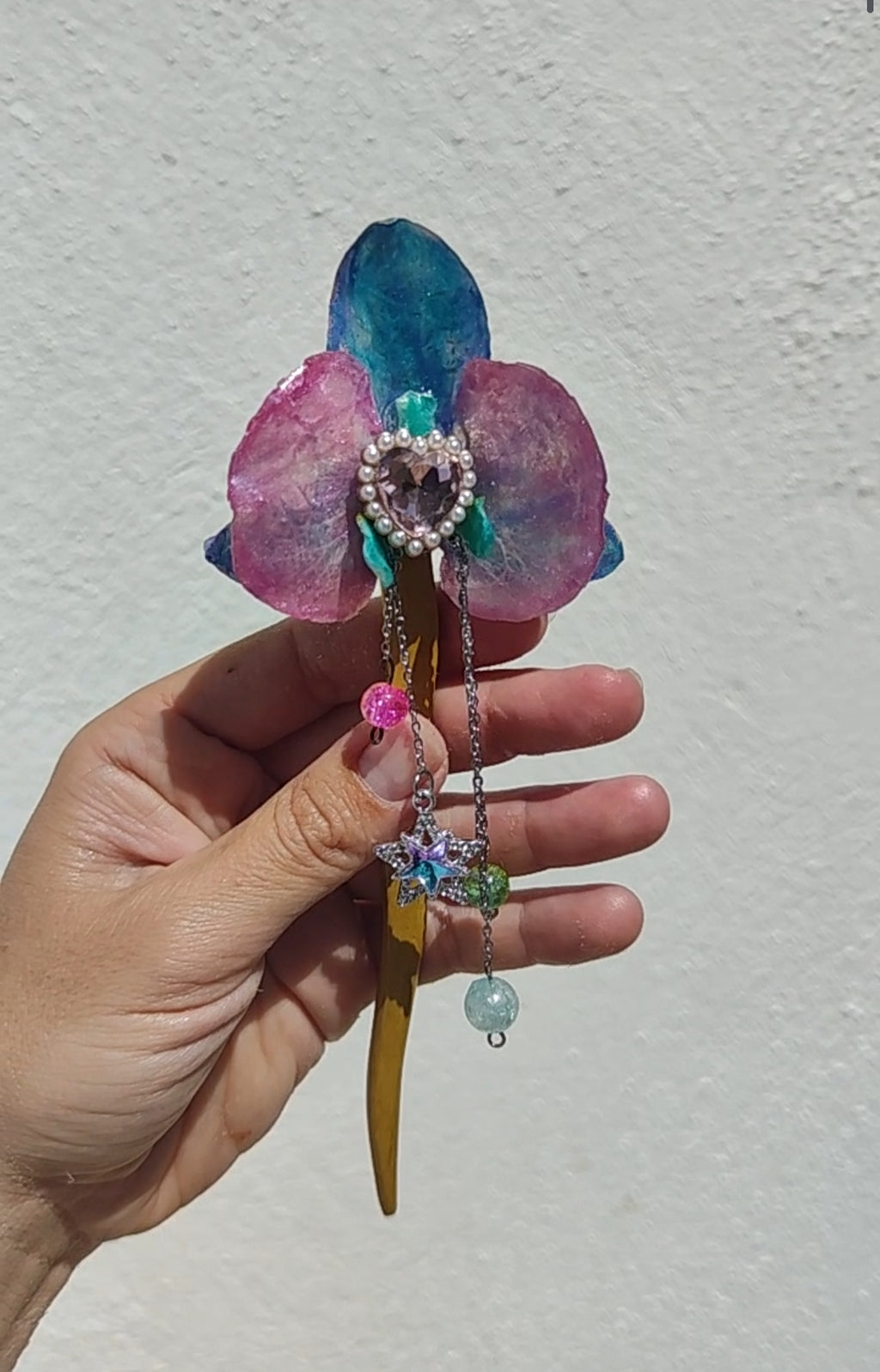 Pasador de pelo de palo con orquídea real