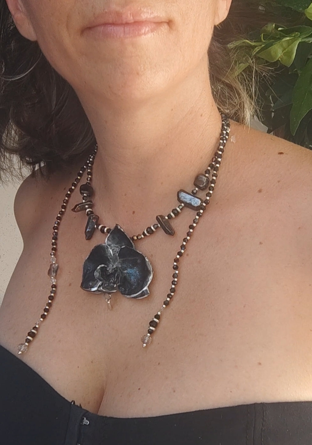 Handmade Black Orchid Necklace with Iridescent Blue Sparkle, Genuine Mineral Stone & Silver Tones – Adjustable Back/Front Drop Statement Jew
