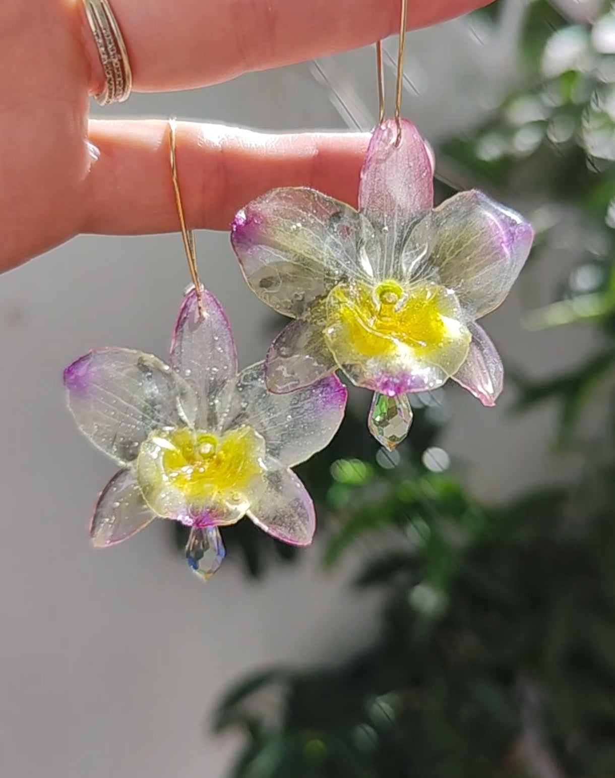 Pendientes orquídea dendrobium semitransparente lila y amarilla. Flores naturales. Pendientes orquídea real