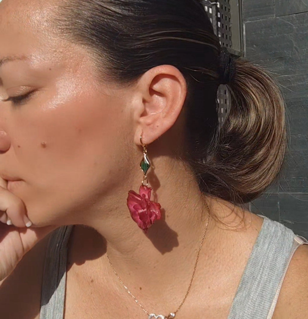Pendientes de Rosa Real en Resina • Enganches de Acero Inoxidable Hipoalergénicos • Joyería Botánica Artesanal Única. Regalo rosa auténtica