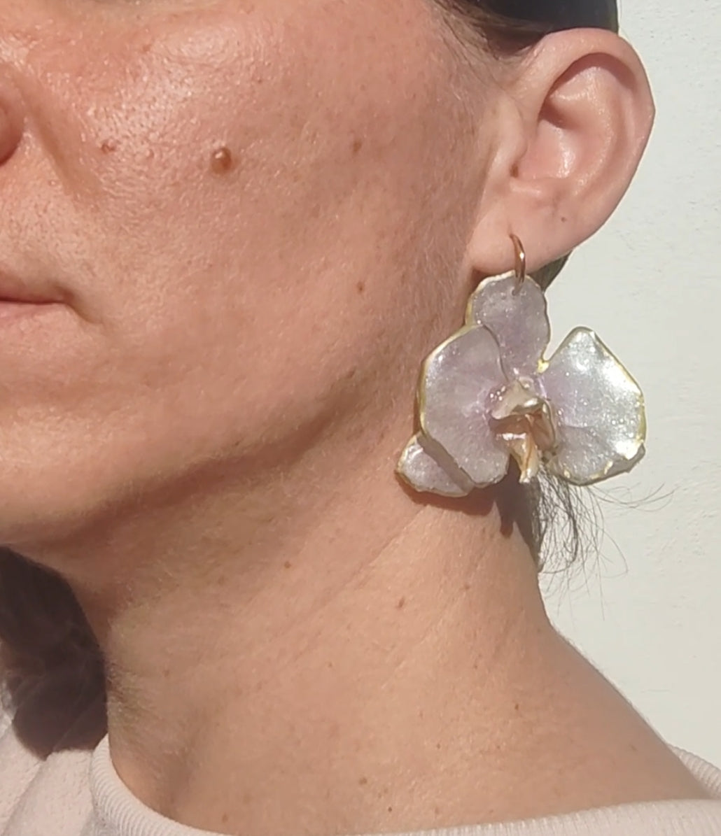 Real Orchid Earrings. Preserved Flower Resin Jewelry. Lilac Center with Gold Edges Botanical Earrings. Stainless Steel Hooks