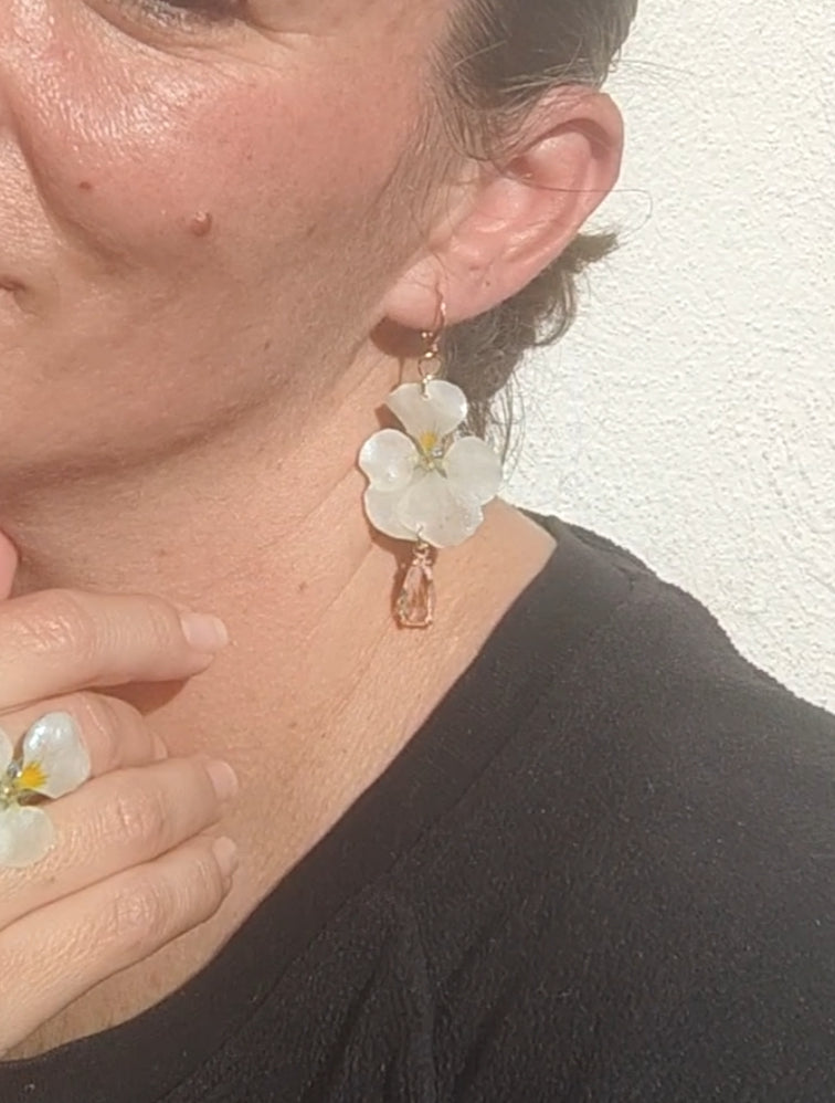 Pendientes de Pensamientos Naturales en Resina – Joyería Floral Hecha a Mano con Brillo Nácar Azul Iridiscente