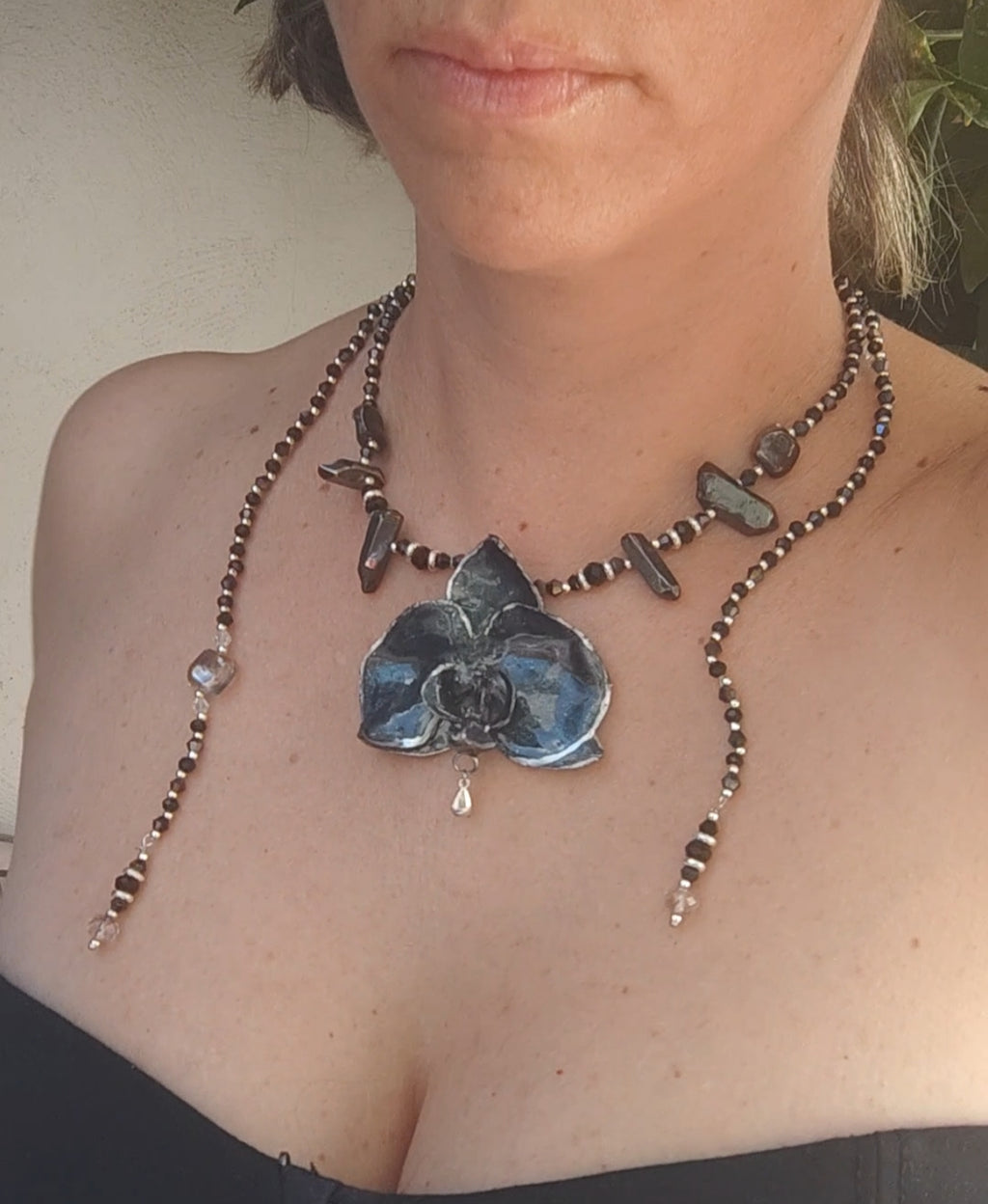 Handmade Black Orchid Necklace with Iridescent Blue Sparkle, Genuine Mineral Stone & Silver Tones – Adjustable Back/Front Drop Statement Jew