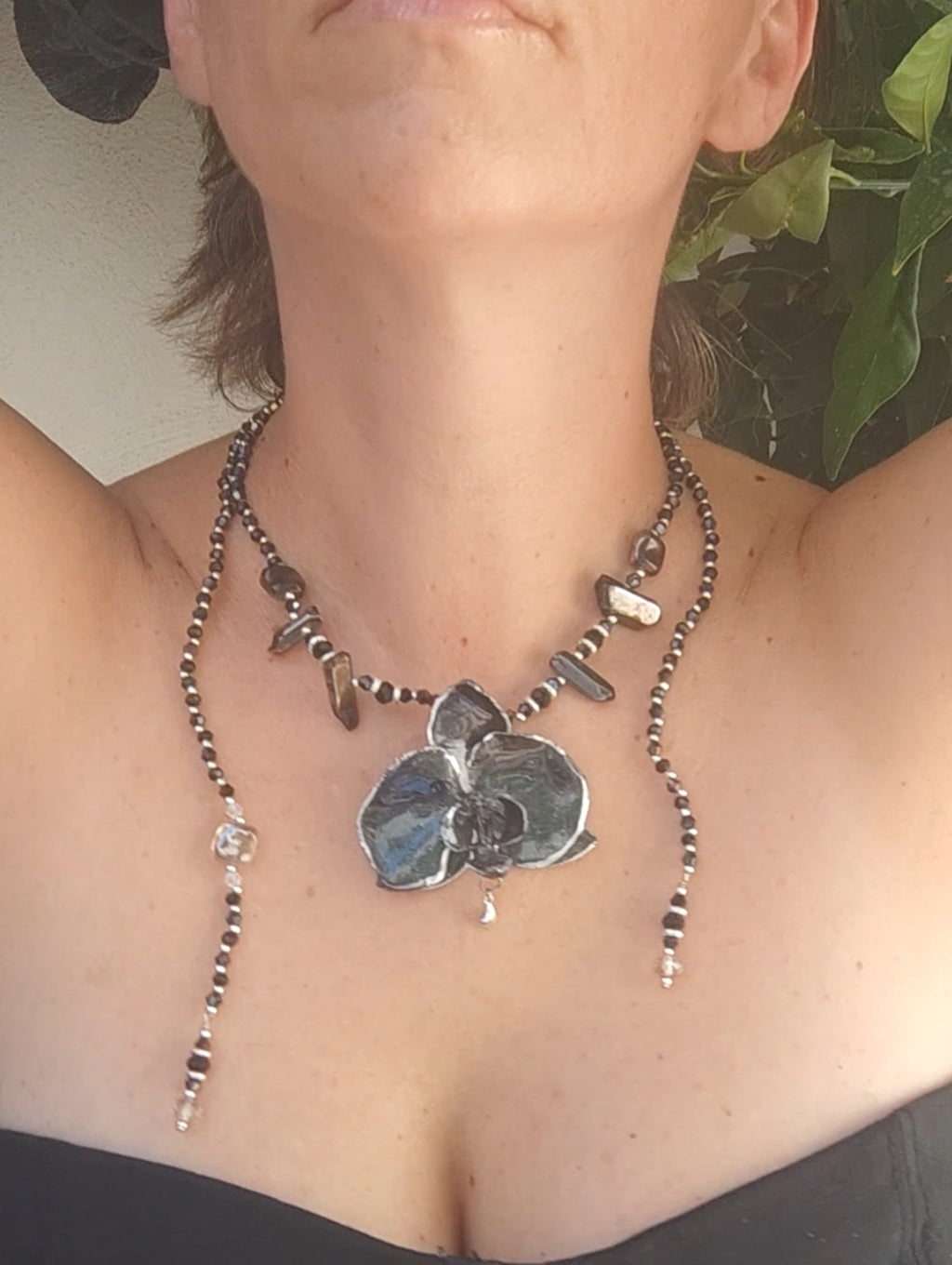 Handmade Black Orchid Necklace with Iridescent Blue Sparkle, Genuine Mineral Stone & Silver Tones – Adjustable Back/Front Drop Statement Jew
