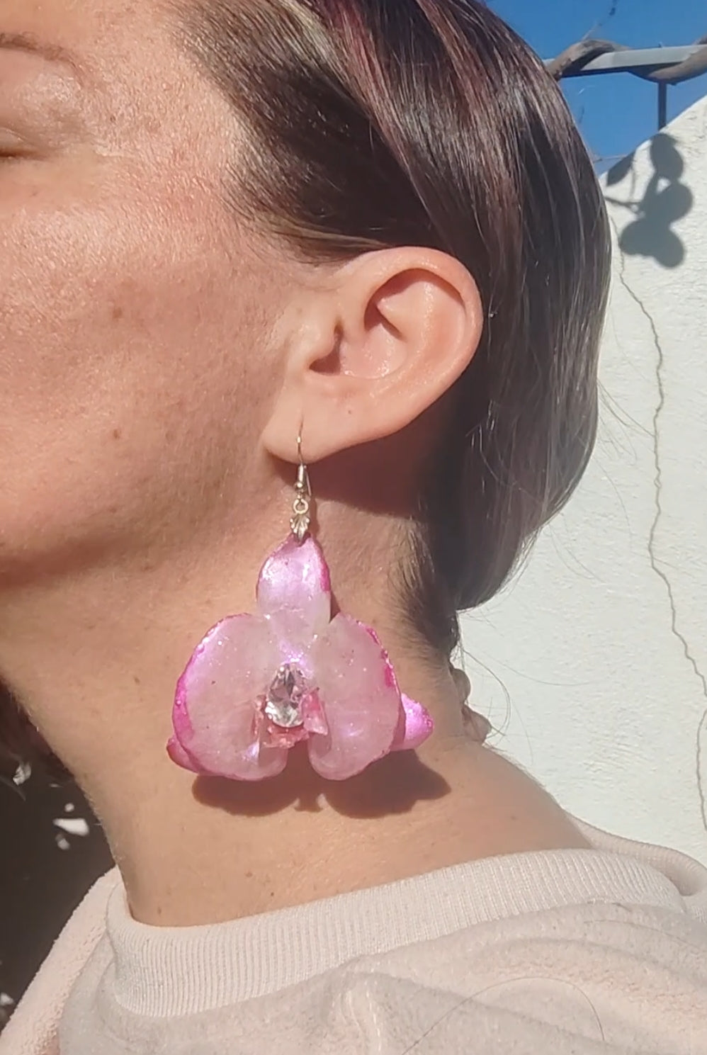Real Orchid Earrings. Preserved Flower Resin Jewelry. Iridescent Pearl Pink Botanical Earrings. Stainless Steel Hooks