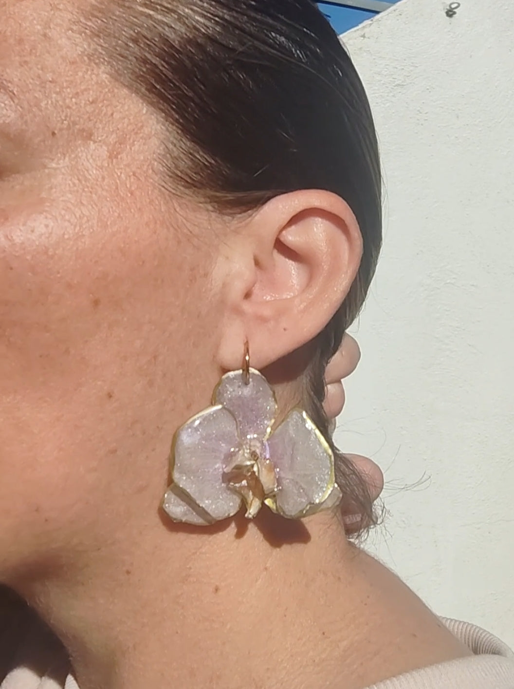 Real Orchid Earrings. Preserved Flower Resin Jewelry. Lilac Center with Gold Edges Botanical Earrings. Stainless Steel Hooks