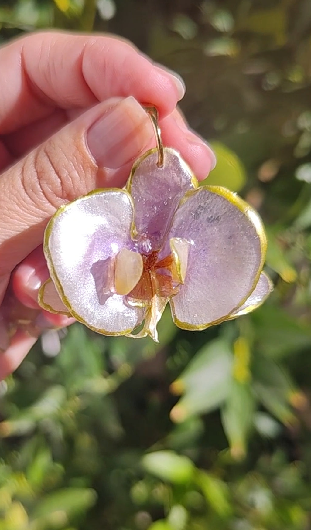 Real Orchid Earrings. Preserved Flower Resin Jewelry. Lilac Center with Gold Edges Botanical Earrings. Stainless Steel Hooks