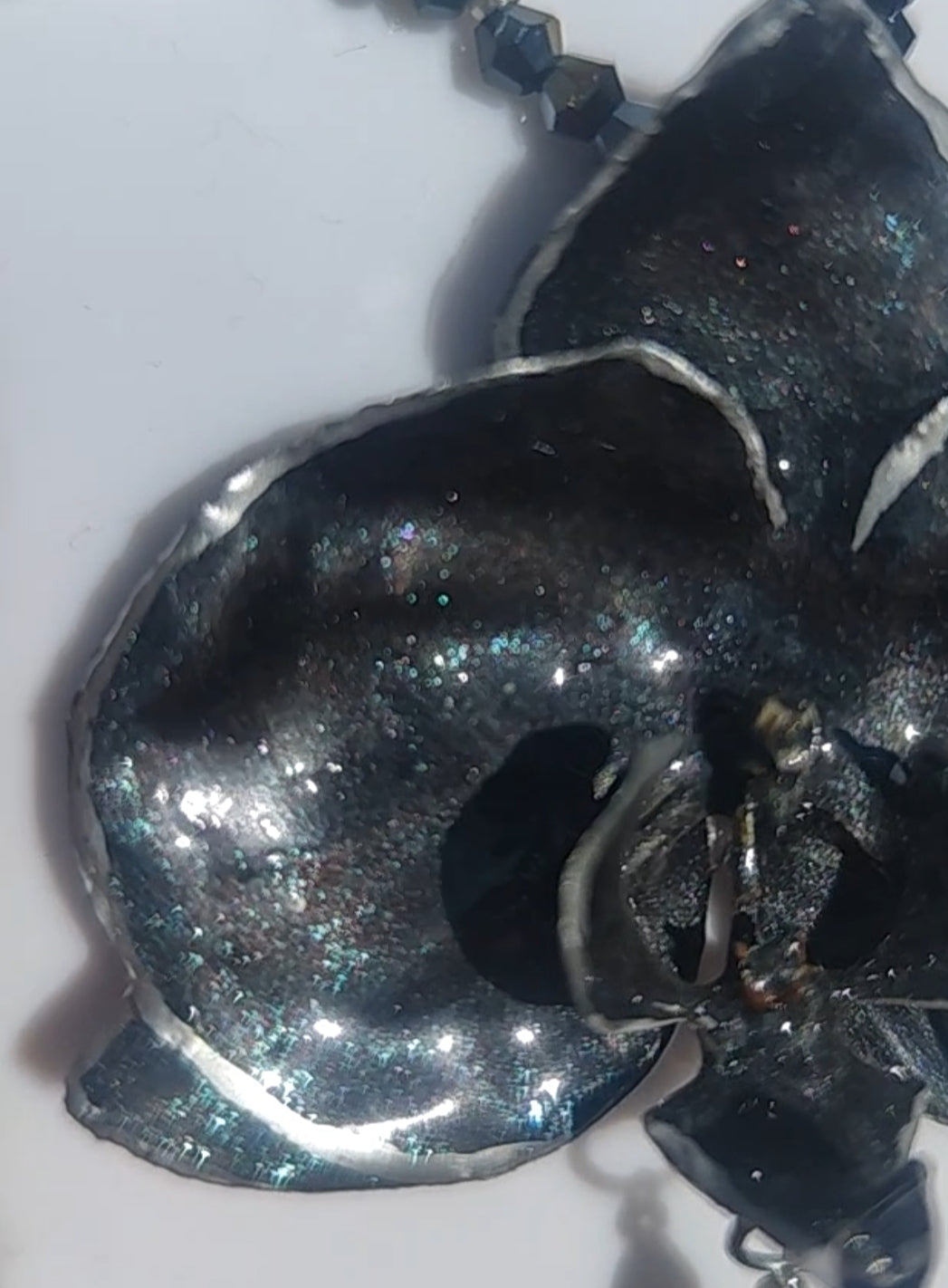 Handmade Black Orchid Necklace with Iridescent Blue Sparkle, Genuine Mineral Stone & Silver Tones – Adjustable Back/Front Drop Statement Jew