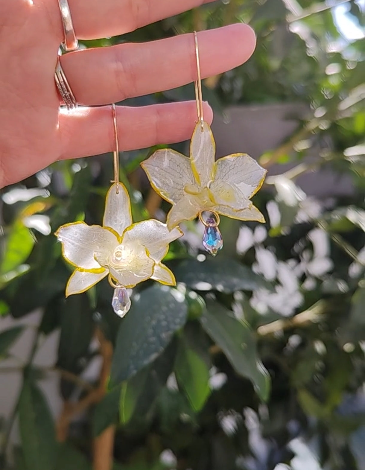 Pendientes de orquídea dendrobium blanca hechos a mano, en acero inoxidable · Flores naturales con bordes dorados · Lágrimas de cristal facetado