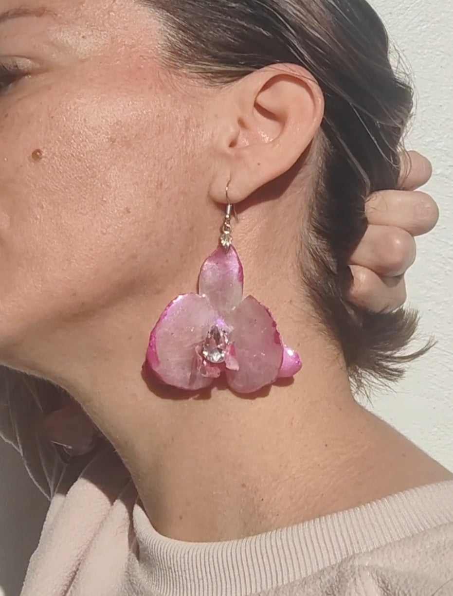 Real Orchid Earrings. Preserved Flower Resin Jewelry. Iridescent Pearl Pink Botanical Earrings. Stainless Steel Hooks