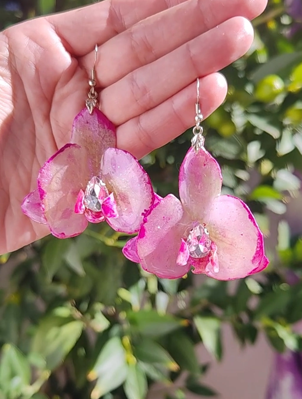 Real Orchid Earrings. Preserved Flower Resin Jewelry. Iridescent Pearl Pink Botanical Earrings. Stainless Steel Hooks