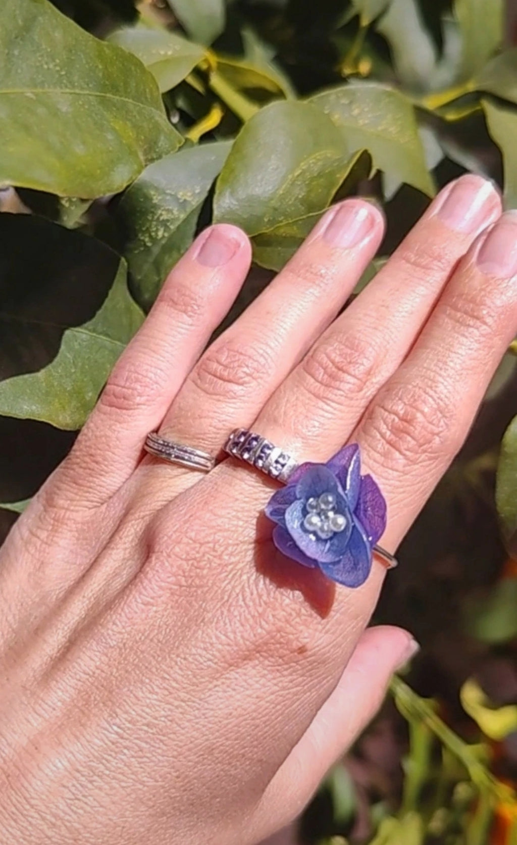 Anillo de hortensia bicolor real resinada