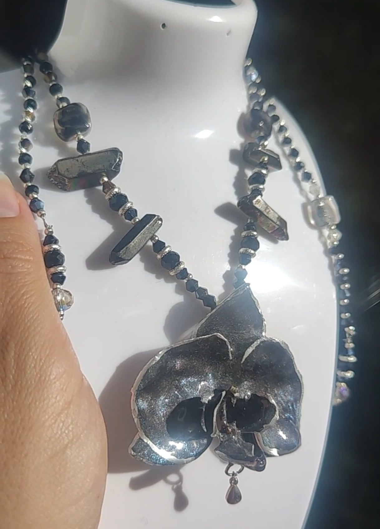 Handmade Black Orchid Necklace with Iridescent Blue Sparkle, Genuine Mineral Stone & Silver Tones – Adjustable Back/Front Drop Statement Jew