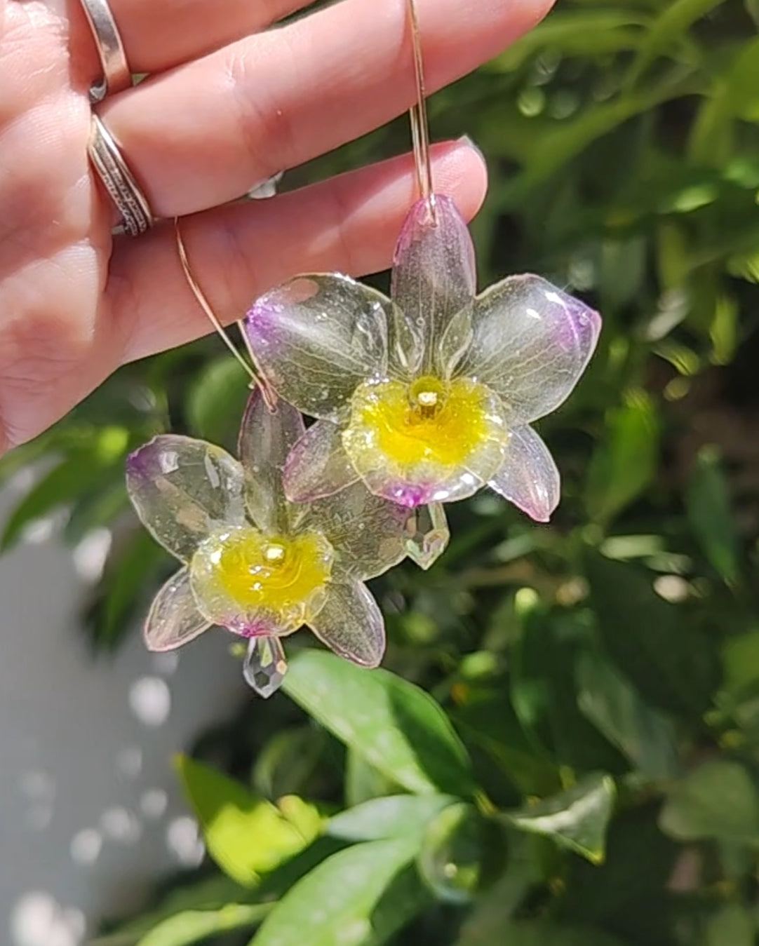 Pendientes orquídea dendrobium semitransparente lila y amarilla. Flores naturales. Pendientes orquídea real