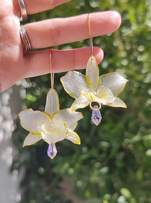Pendientes de orquídea dendrobium blanca hechos a mano, en acero inoxidable · Flores naturales con bordes dorados · Lágrimas de cristal facetado