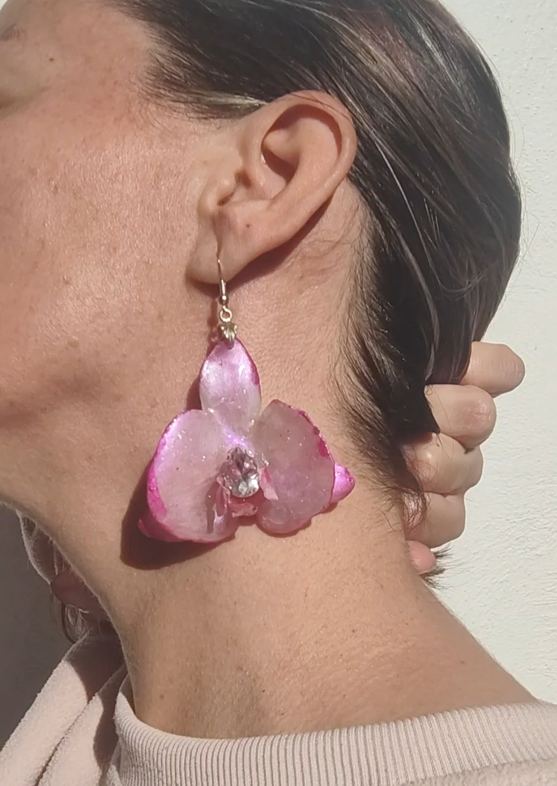 Real Orchid Earrings. Preserved Flower Resin Jewelry. Iridescent Pearl Pink Botanical Earrings. Stainless Steel Hooks