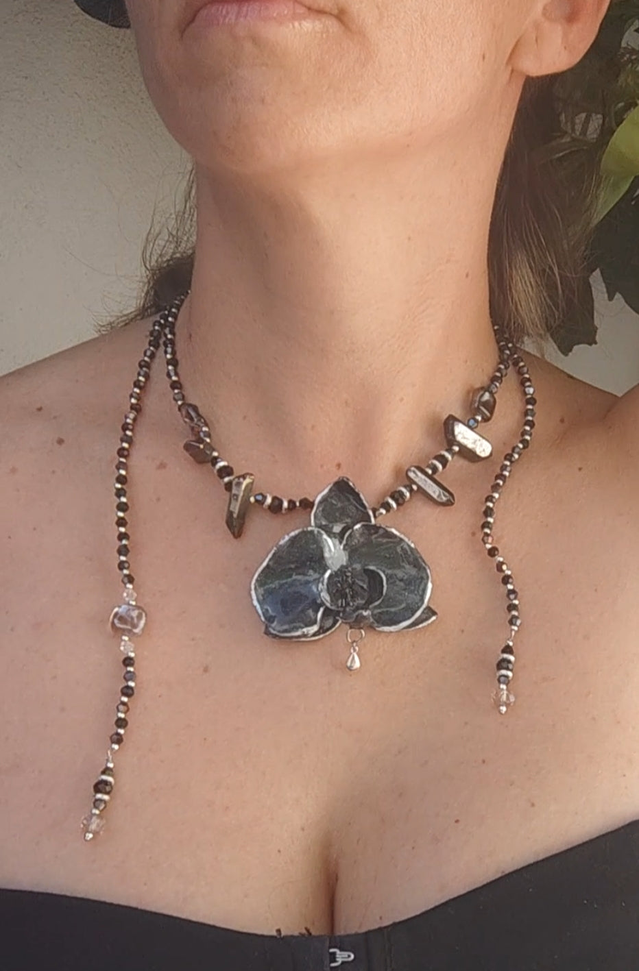 Handmade Black Orchid Necklace with Iridescent Blue Sparkle, Genuine Mineral Stone & Silver Tones – Adjustable Back/Front Drop Statement Jew