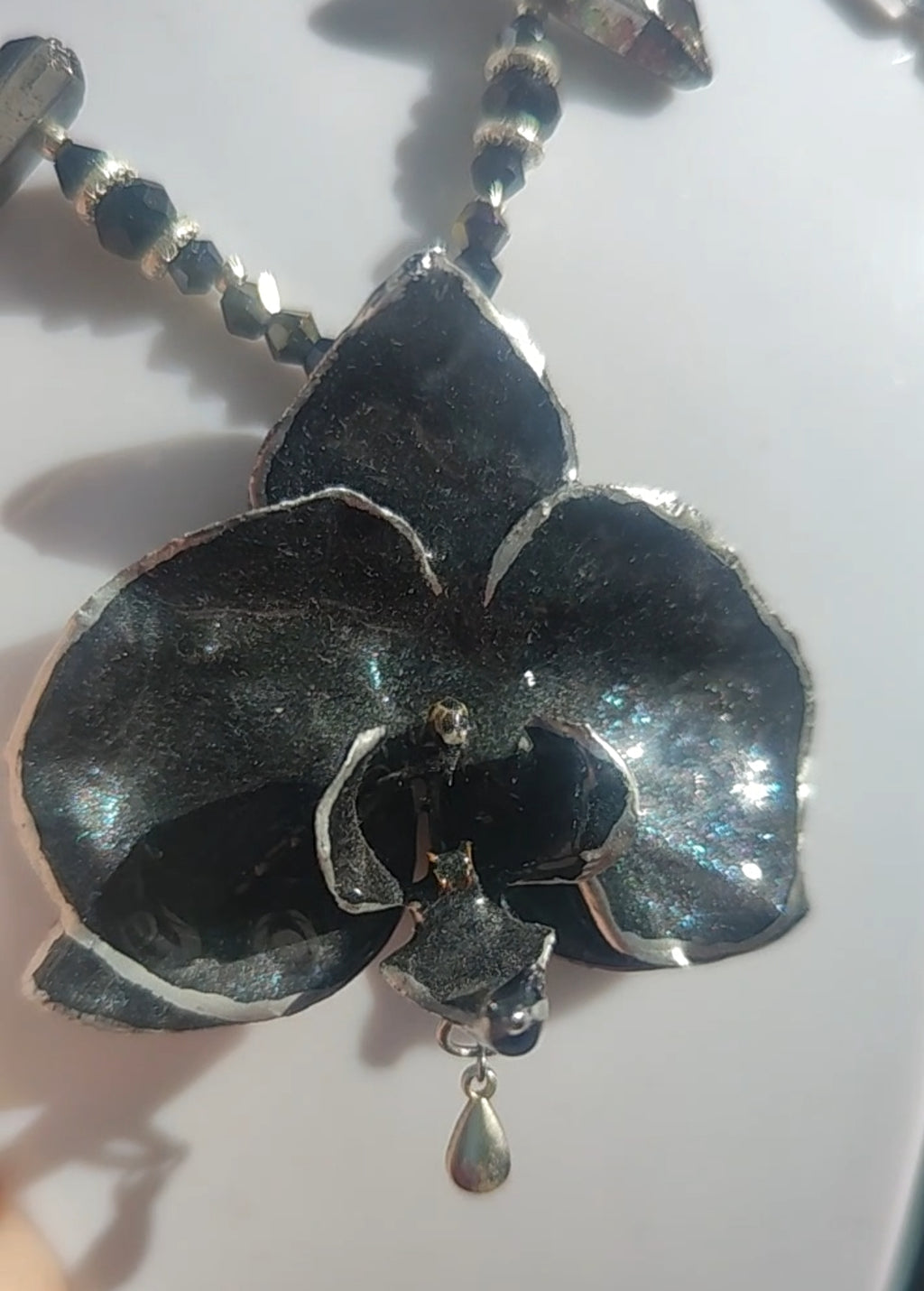 Handmade Black Orchid Necklace with Iridescent Blue Sparkle, Genuine Mineral Stone & Silver Tones – Adjustable Back/Front Drop Statement Jew