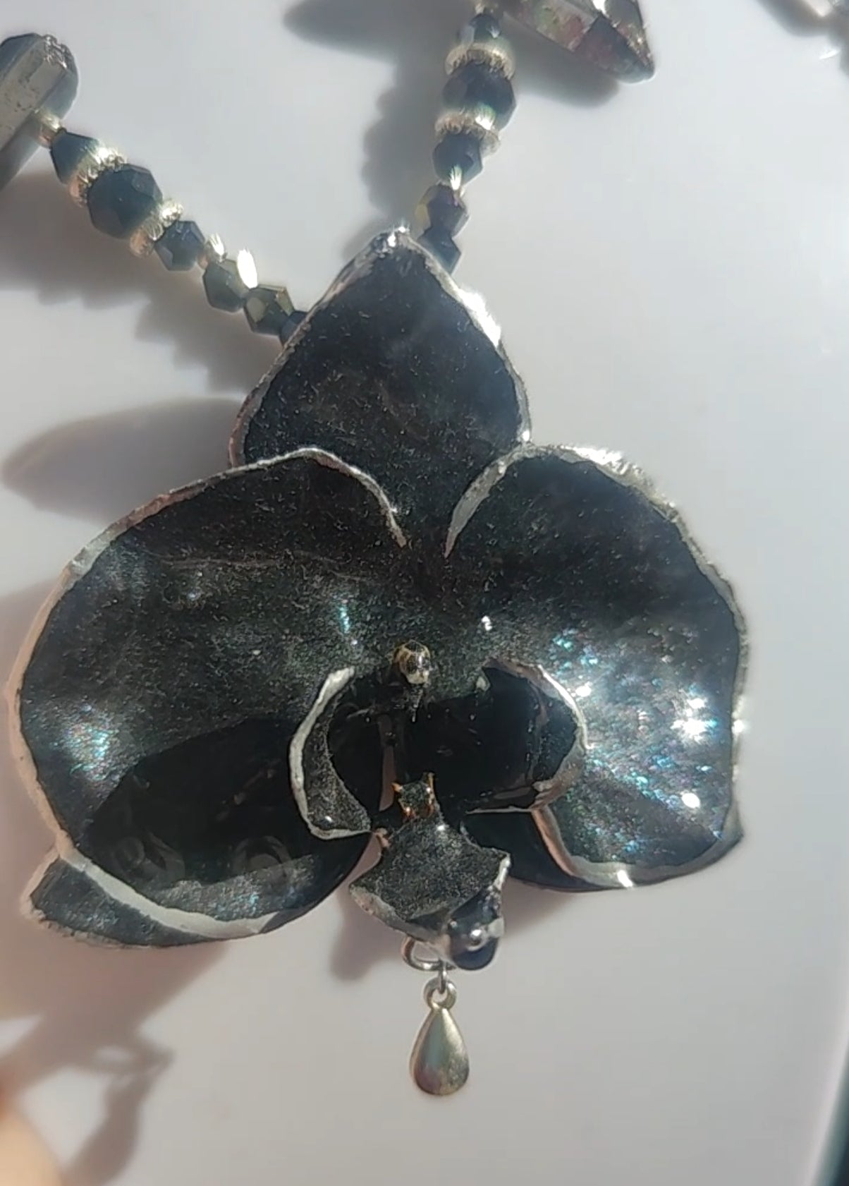 Handmade Black Orchid Necklace with Iridescent Blue Sparkle, Genuine Mineral Stone & Silver Tones – Adjustable Back/Front Drop Statement Jew