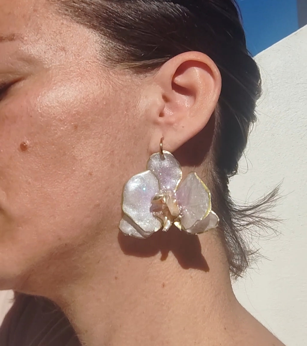 Real Orchid Earrings. Preserved Flower Resin Jewelry. Lilac Center with Gold Edges Botanical Earrings. Stainless Steel Hooks