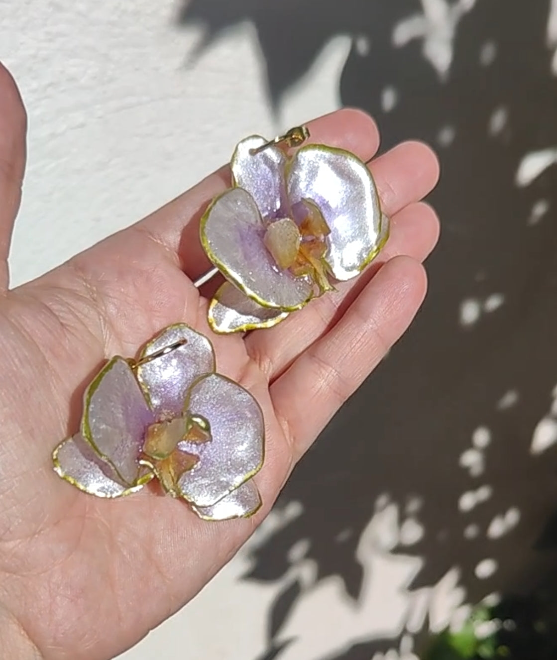 Real Orchid Earrings. Preserved Flower Resin Jewelry. Lilac Center with Gold Edges Botanical Earrings. Stainless Steel Hooks