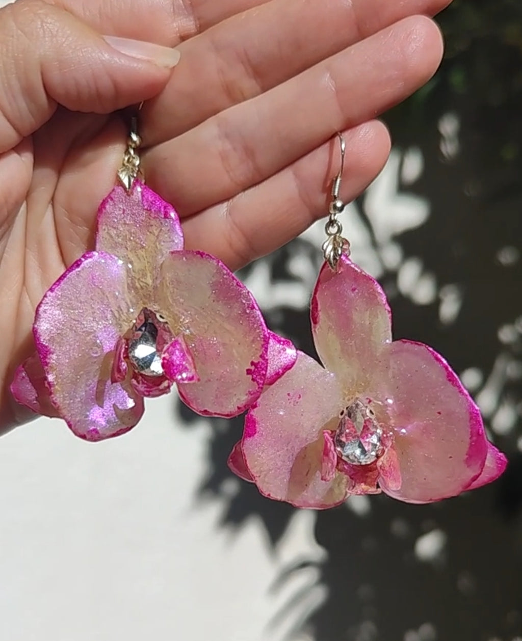 Real Orchid Earrings. Preserved Flower Resin Jewelry. Iridescent Pearl Pink Botanical Earrings. Stainless Steel Hooks