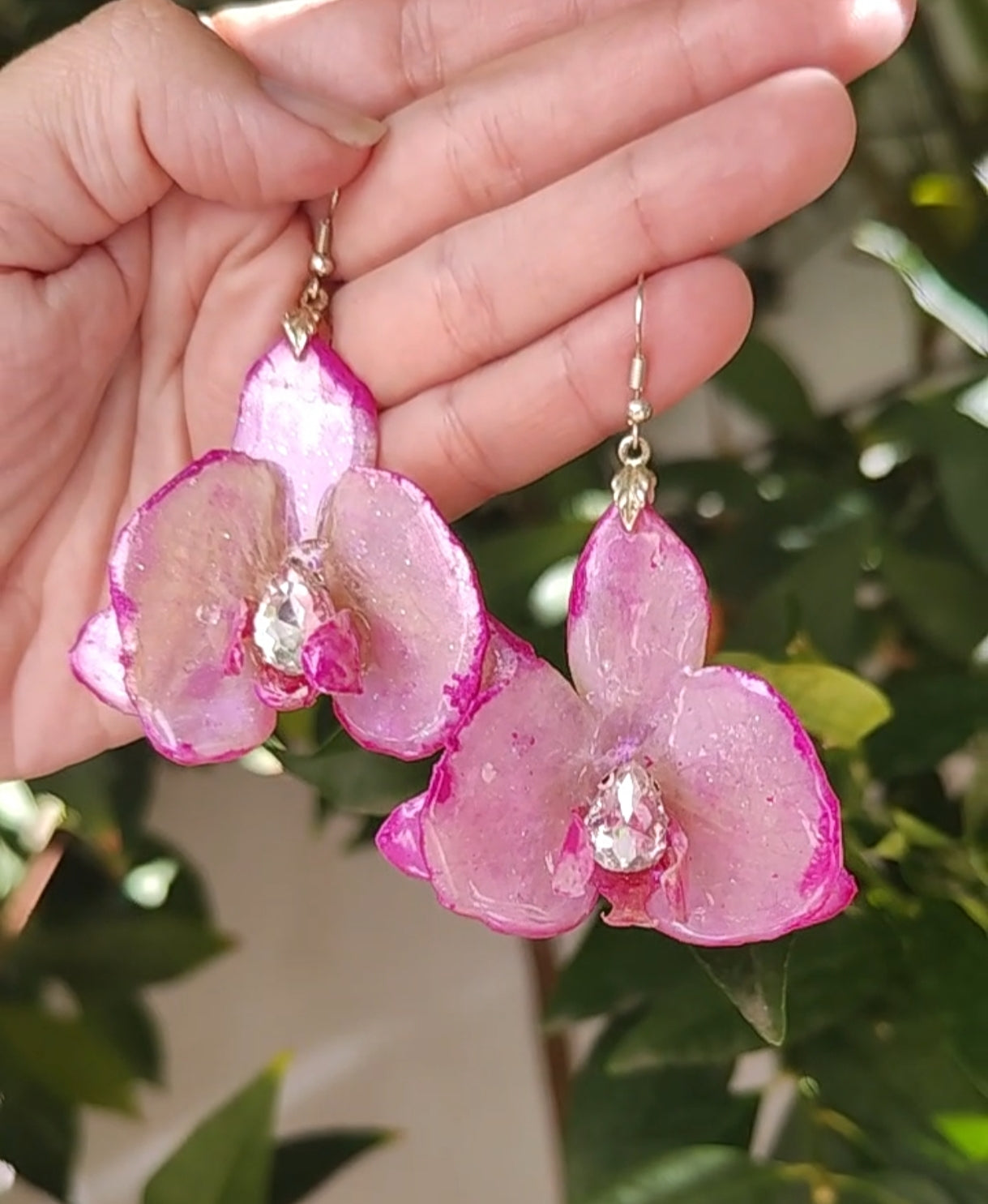 Real Orchid Earrings. Preserved Flower Resin Jewelry. Iridescent Pearl Pink Botanical Earrings. Stainless Steel Hooks