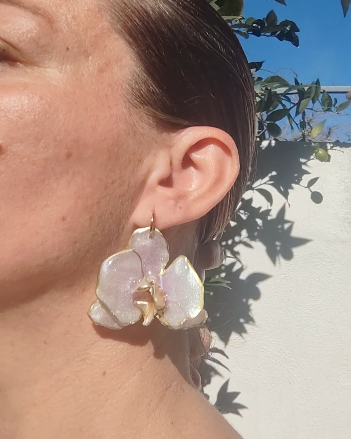 Real Orchid Earrings. Preserved Flower Resin Jewelry. Lilac Center with Gold Edges Botanical Earrings. Stainless Steel Hooks