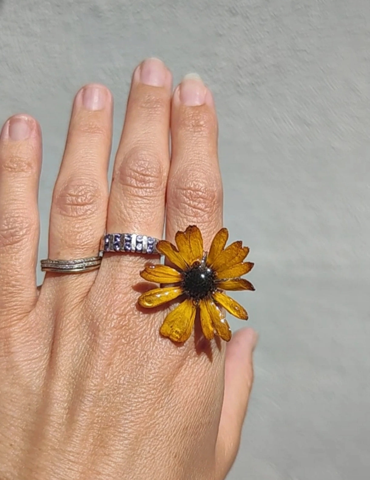 Anillo de margarita real resinada