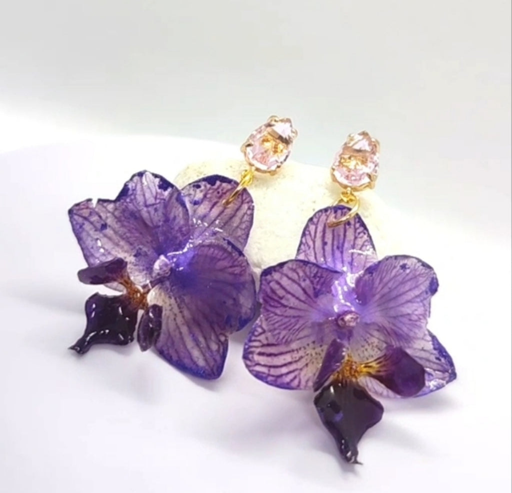 Pendientes de orquídea auténtica, joyería de resina hecha a mano, pendientes florales colgantes para mujer, regalo botánico