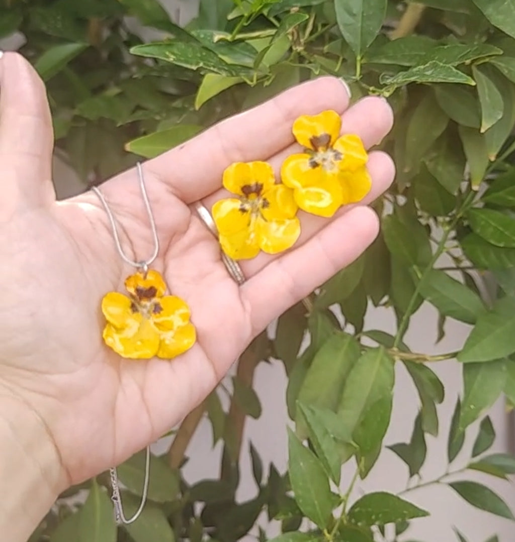 Conjunto pendientes y collar de pensamientos en resina