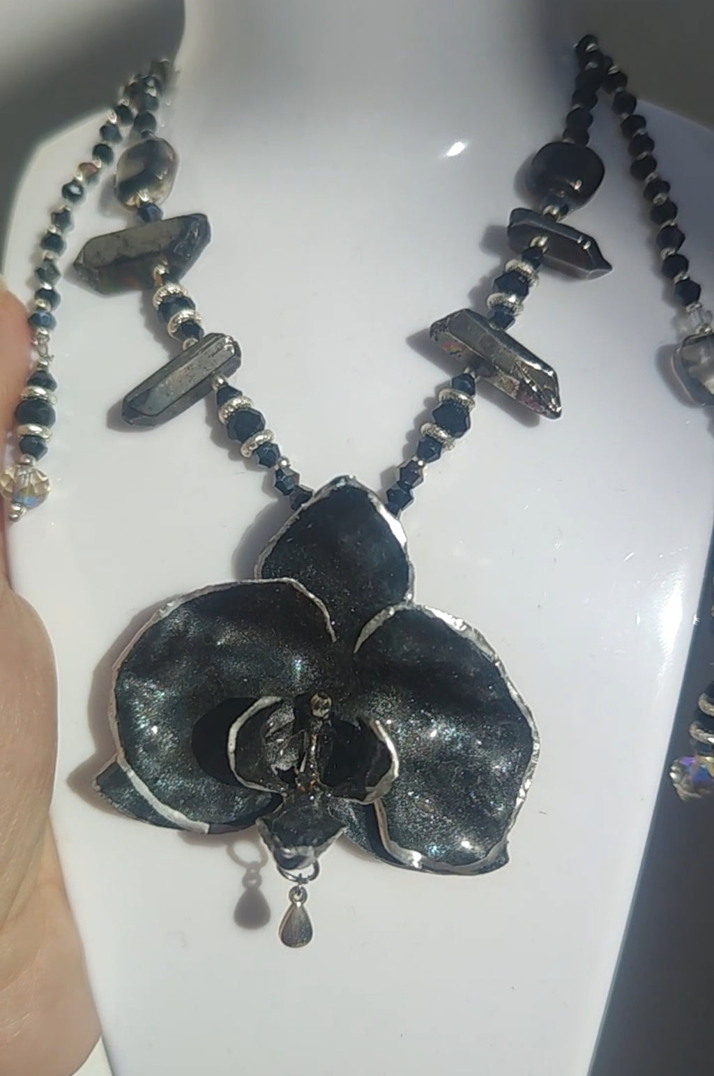 Handmade Black Orchid Necklace with Iridescent Blue Sparkle, Genuine Mineral Stone & Silver Tones – Adjustable Back/Front Drop Statement Jew