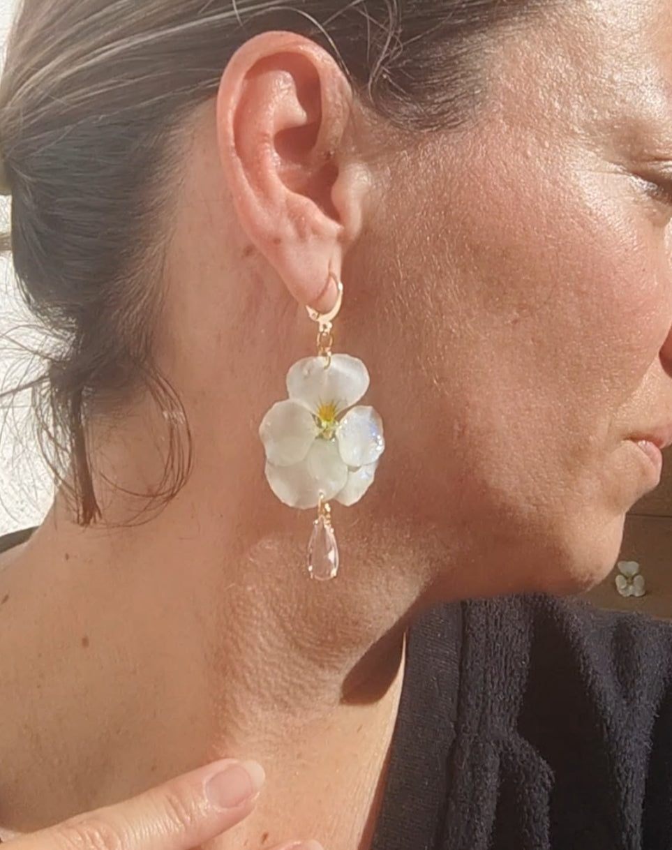 Pendientes de Pensamientos Naturales en Resina – Joyería Floral Hecha a Mano con Brillo Nácar Azul Iridiscente