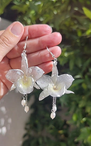 Pendientes Orquídea Natural Blanca en Resina, Joyería Floral Real Hecha a Mano, Pendientes Botánicos Elegantes, Regalo Mujer, Pendientes Novia