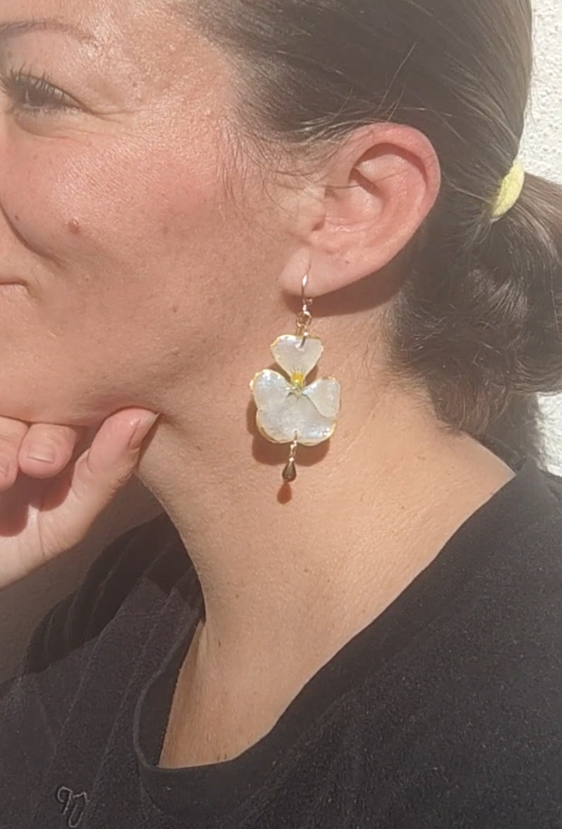 Pendientes de Pensamientos Naturales en Resina – Joyería Floral Hecha a Mano con Brillo Nácar Azul Iridiscente