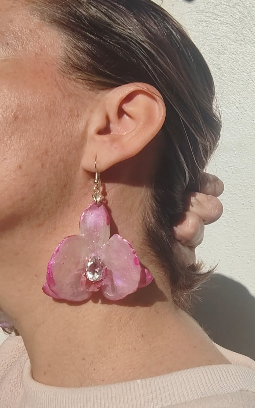 Real Orchid Earrings. Preserved Flower Resin Jewelry. Iridescent Pearl Pink Botanical Earrings. Stainless Steel Hooks