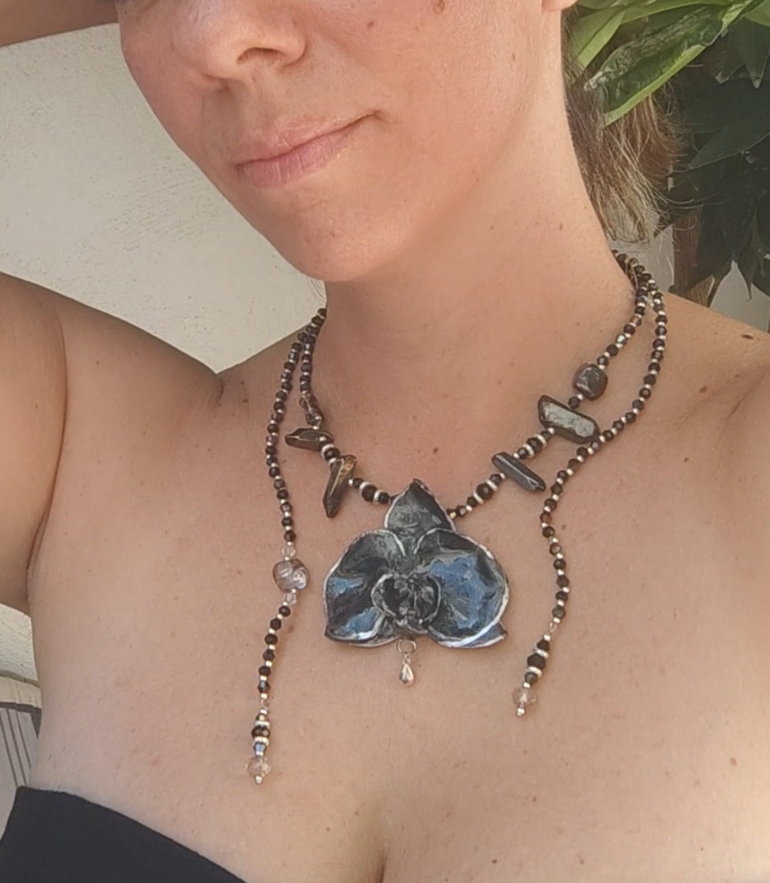 Handmade Black Orchid Necklace with Iridescent Blue Sparkle, Genuine Mineral Stone & Silver Tones – Adjustable Back/Front Drop Statement Jew